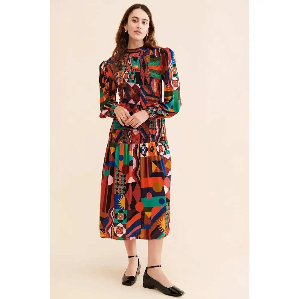 FARM Rio Tropical Shapes Smocked Midi Dress Multi Color Medium